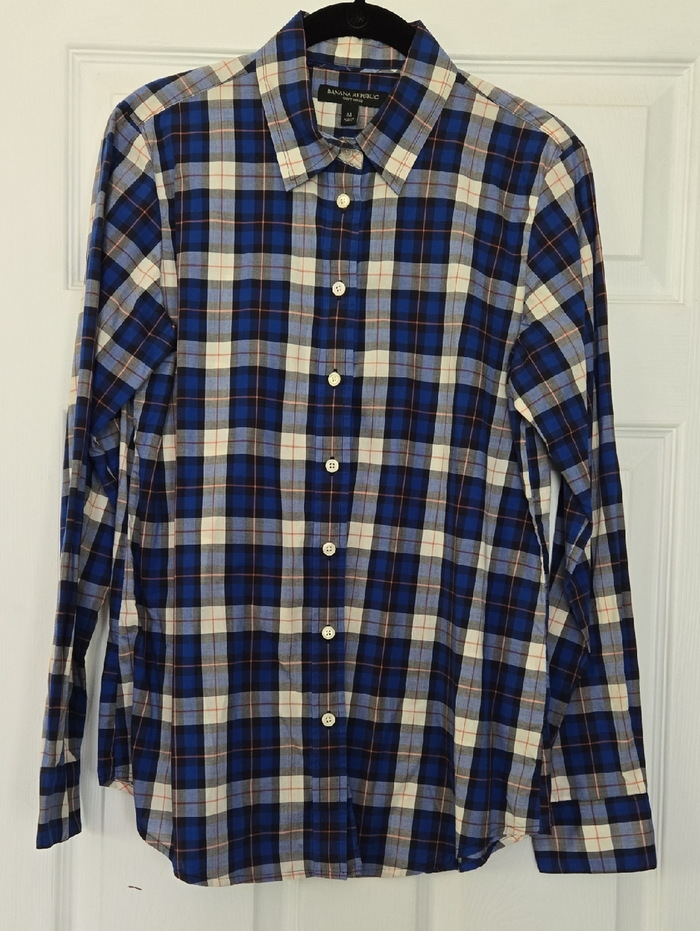 Banana Republic Women's Blue and White Plaid Button-Down Shirt
